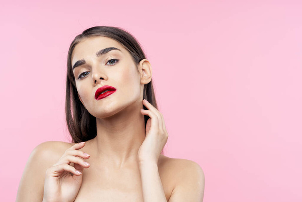 Portrait of young beautiful woman with  red lipstick on her lips. Beauty, fashion photography  - Foto, imagen