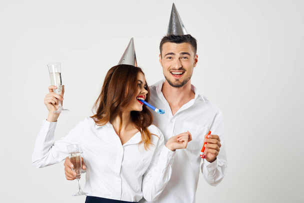 portrait of young beautiful couple celebrating birthday  with champagne - Zdjęcie, obraz