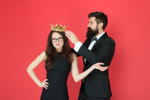 Prom queen. Bearded man crown sexy girl. Coronation party. Prom couple in formal style. Prom party. Holiday celebration. Pride and glory. Luxury reward. Future success. Ready for prom night - Фото, изображение
