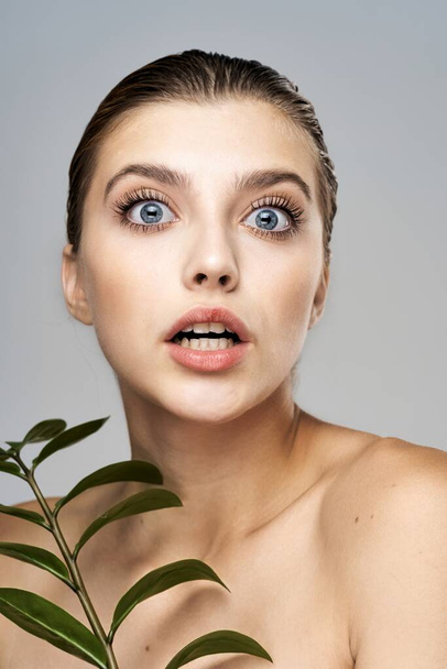 Young beautiful model posing with leaf in studio - Fotó, kép