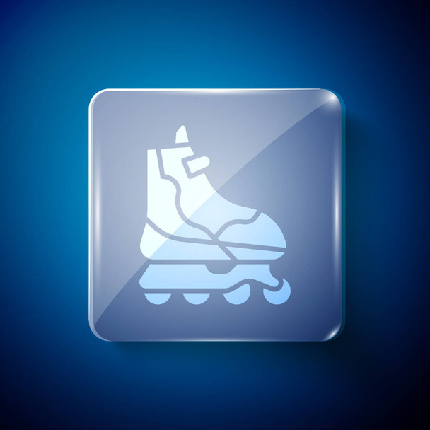 Ícone de patinagem de rolo branco isolado no fundo azul. Painéis de vidro quadrados. Ilustração vetorial - Vetor, Imagem