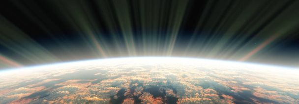 восход солнца из космоса, 3D рендеринг иллюстрации - Фото, изображение