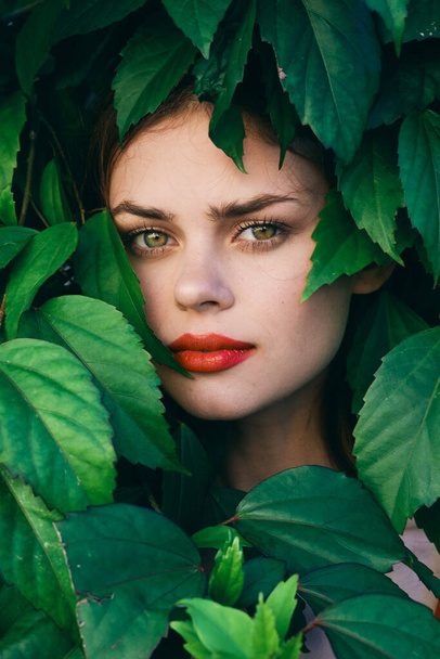 Joven hermosa mujer posando con hojas alrededor de su cara
 - Foto, imagen