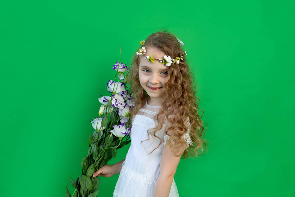 hymyilevä 6-vuotias tyttö kukkia kaunis valkoinen mekko vihreällä taustalla. tekstitila - Valokuva, kuva