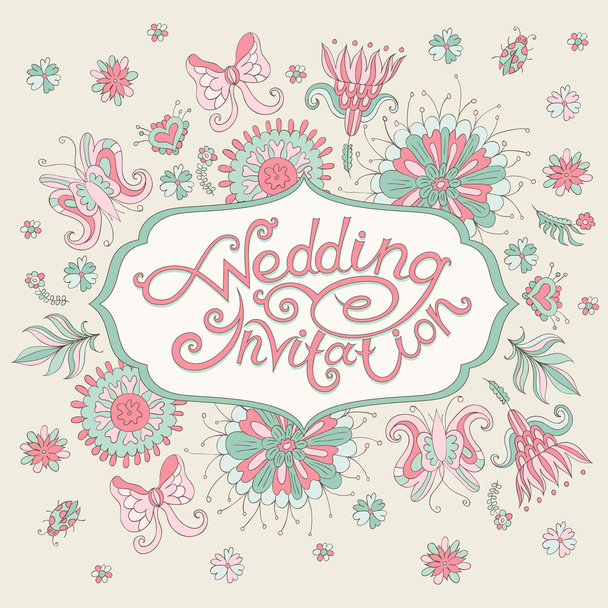 Розовое свадебное приглашение с цветами
 - Вектор,изображение