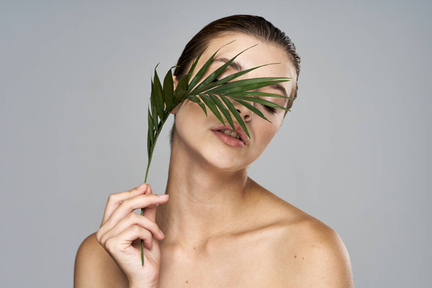 Young beautiful model posing with leaf in studio - Фото, изображение