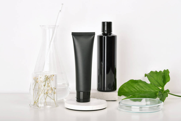 Natural skincare beauty products researching lab, Natural organic botany extraction and scientific laboratory glassware, Blank label cosmetic container for branding mock-up. - 写真・画像