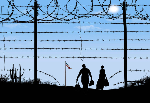 Egy férfi és egy nő látható sziluettben, miután áttörték a határkerítést az USA déli határán. Délben áttörték a szögesdrót kerítést. Egy amerikai zászló látható a távolban. - Fotó, kép