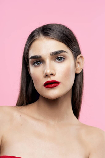 Portrait of young beautiful woman with  red lipstick on her lips. Beauty, fashion photography  - Φωτογραφία, εικόνα