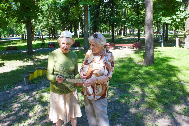 Le due anziane donne insieme in un parco estivo con giornale. Concetto di emozioni negative - Foto, immagini