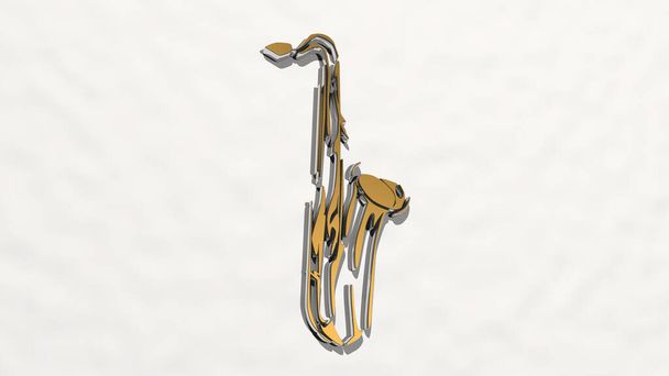 SAXOPHONE from a perspective on the wall. A thick sculpture made of metallic materials of 3D rendering - Photo, Image