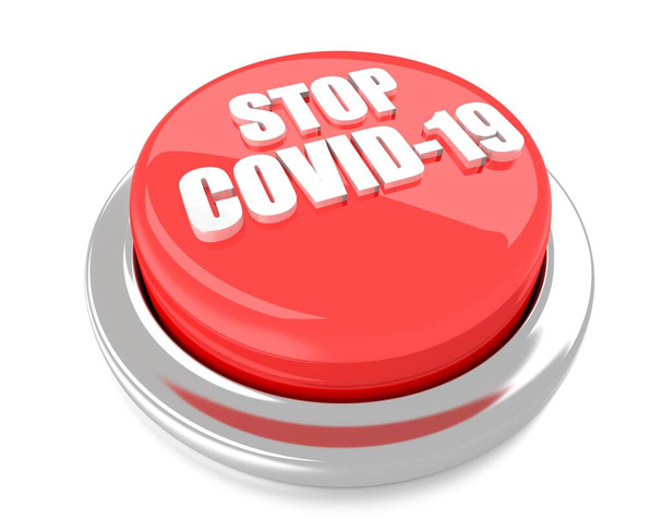 Arrêtez COVID-19 sur le bouton-poussoir rouge. Illustration 3D. Contexte isolé. - Photo, image