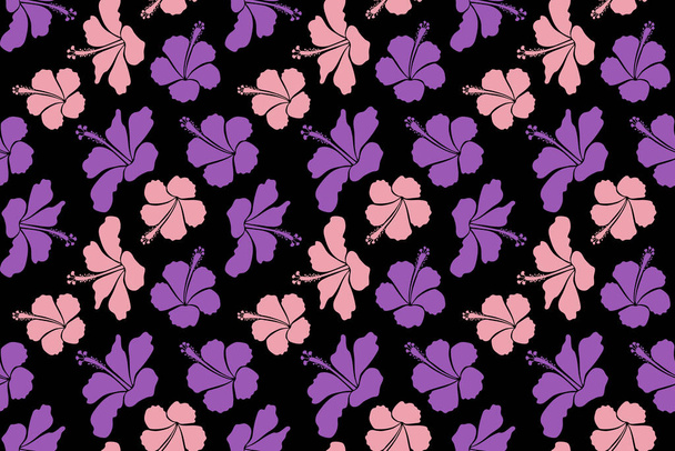 黒い背景の花。ピンクや紫の色でハイビスカスの花と熱帯の花シームレスパターン. - 写真・画像