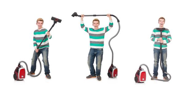 Funny man with vacuum cleaner on white - 写真・画像