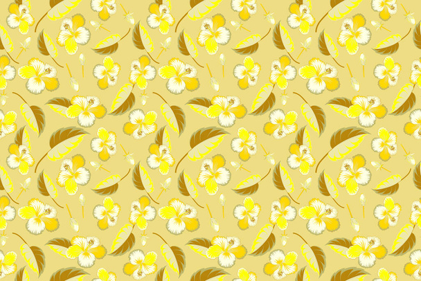 Seamless pattern of tropical flowers, hibiscus, dense jungle. Hand painted. Pattern in yellow colors with tropic summertime motif may be used as texture, wrapping paper or textile design. - Photo, Image