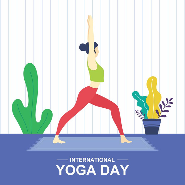 Women doing virabhadrasana yoga. 21 june-international yoga day. Young woman practicing yoga. Vector illustration. - Vector, Image