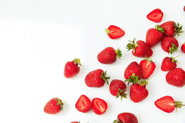 Strawberry on white background. Flat lay. Top view. Summer sweet berries - Fotoğraf, Görsel