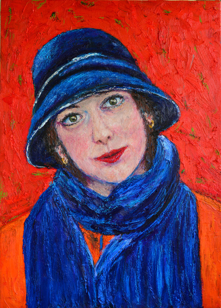 eredeti olajfestmény. portré gyönyörű lány. Ledy kék kalap a piros. - Fotó, kép