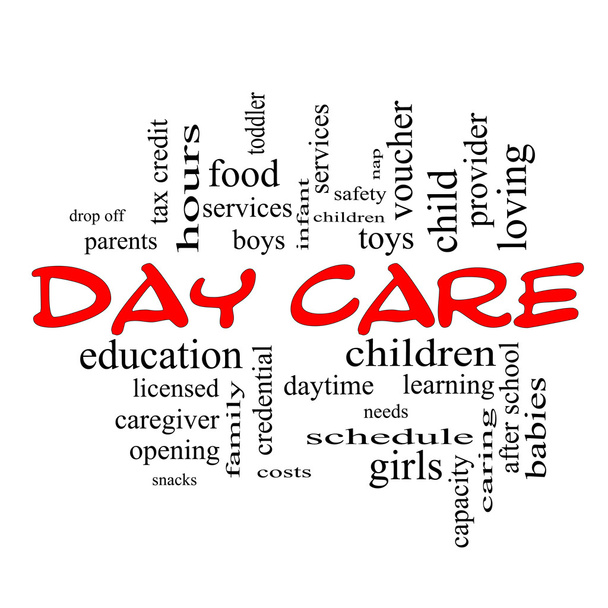 Day Care Word Cloud Concept в червоних кепках
 - Фото, зображення