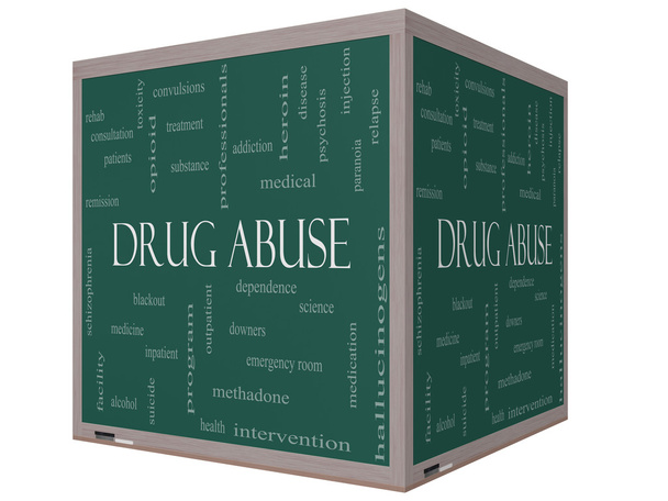 drugs misbruik woord wolk concept op een 3D-kubus schoolbord - Foto, afbeelding
