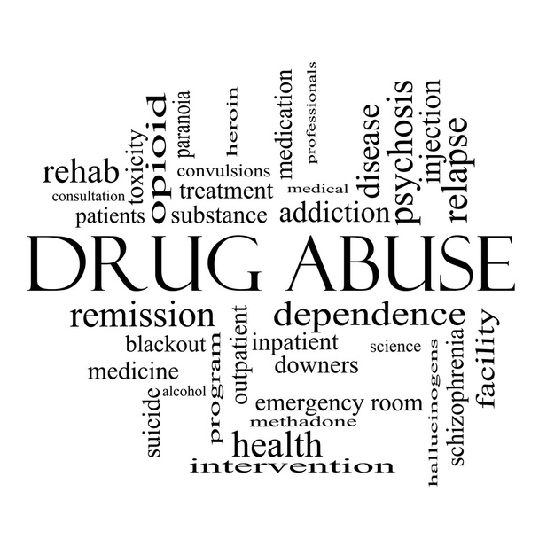 Concepto Nube de Palabras sobre Abuso de Drogas en blanco y negro
 - Foto, imagen