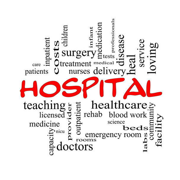 ziekenhuis woord wolk concept in rode hoofdletters - Foto, afbeelding