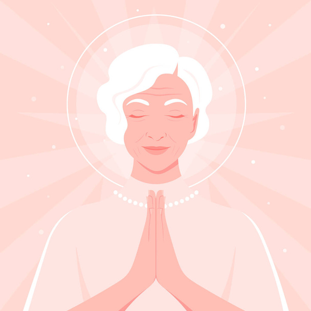 Prayer to God. Portrait of an elderly woman with her eyes closed. Vector flat illustrations - Vector, Image