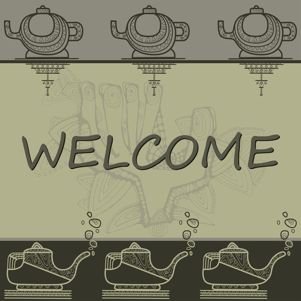 Pattern with greeting contoured hands and teapots - Vector, Image