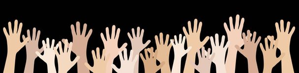 illustratie van veel verschillende huid gekleurde mensen strekken hun handen omhoog symboliseren samenwerking of diversiteit vriendschap - Vector, afbeelding