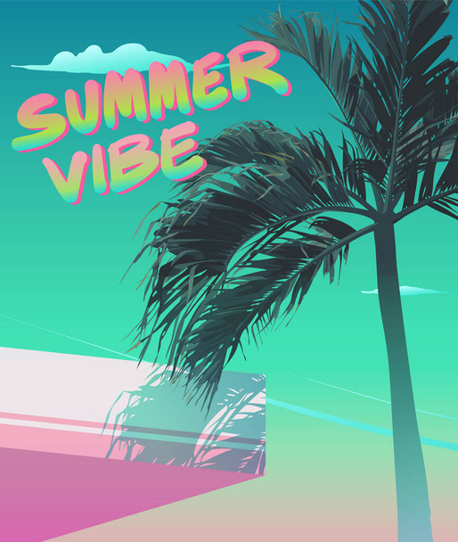 Tropical palm tree, Summer vibe beach / building background. vintage/ retro vaporwave / nostalgic minimal flat vector background - Vector, Image