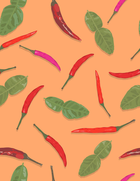 Seamless pattern of chilli and kaffir lime leaf, saturation pastel colour, flat minimal vector - Vector, Image