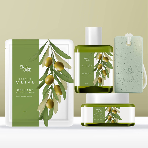 Vector Olive Oil Beauty Packaging Set with Face Mask Pouch, Packet or Sachet, Színes zöld üveg szérum palack & Jar, Szappan kötélen. Olajbogyó illusztráció nyomtatva.  - Vektor, kép