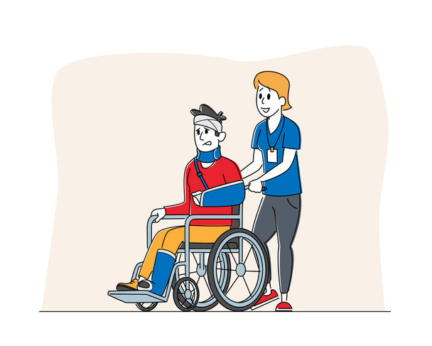 看護師の援助で壊れた手と脚の乗馬車椅子と障害者の男性キャラクター.男性外傷病院での患者,障害者の障害の概念.リニアな人物ベクトルイラスト - ベクター画像