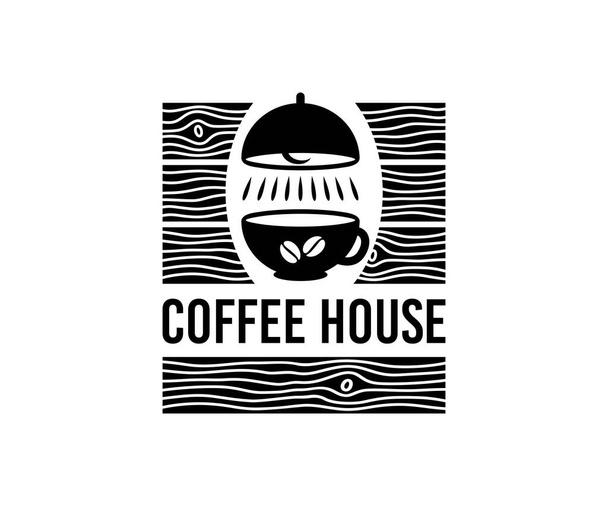 Kahve evi, kupa, tavan lambası ve eski ahşap tahtalar, logo tasarımı. İç, iç, kafeterya, bistro ve restoran, vektör tasarımı ve illüstrasyon - Vektör, Görsel