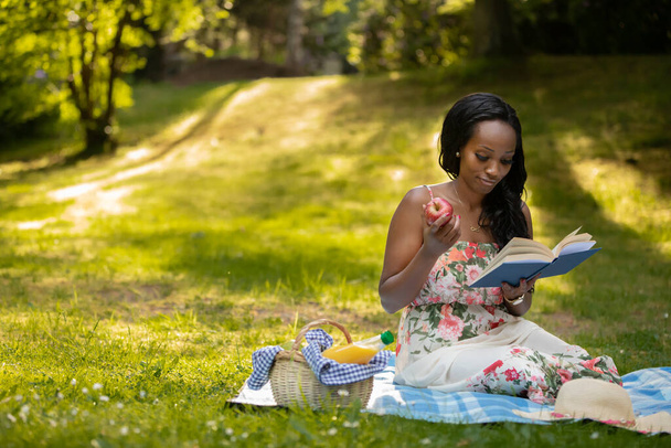 Attractive african woman is reading a book at picnic - Fotografie, Obrázek