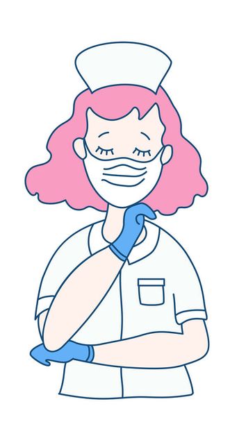 Pielęgniarka w medycznej białej odzieży roboczej, masce i niebieskich rękawiczkach z zamkniętymi oczami. Oficer medyczny ratuje ludzi przed wirusem. Rysunek wektorowy płaskiego człowieka - Wektor, obraz