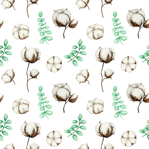 Watercolor cotton flower branches seamless pattern. Botanical Hand drawn Eco product illustration. Cotton flowers buds balls in vintage style. Green leaves, Plant ball nature fabric texture design - Fotografie, Obrázek