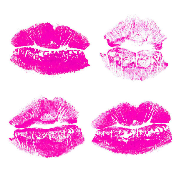 Ensemble d'empreintes baiser lèvres roses isolées sur fond blanc - Photo, image