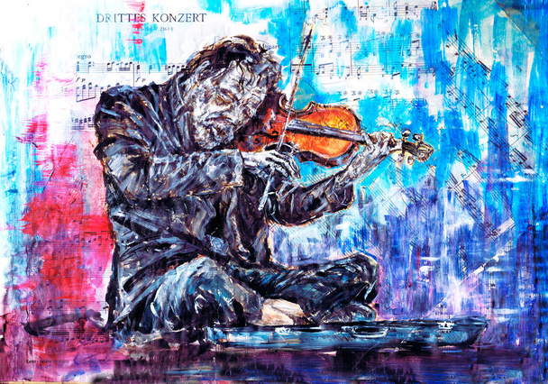 A series of street musicians. Acrylic painting.  Beggar violinist on the street. - Photo, Image
