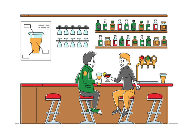 Ihmiset vierailevat yökerhossa tai olutpubissa. Mies ja nainen merkkiä istua syöttötuolit juominen cocktail, alkoholijuomat Bar Counter pullot hyllyillä. Lineaarinen vektorikuvaus - Vektori, kuva