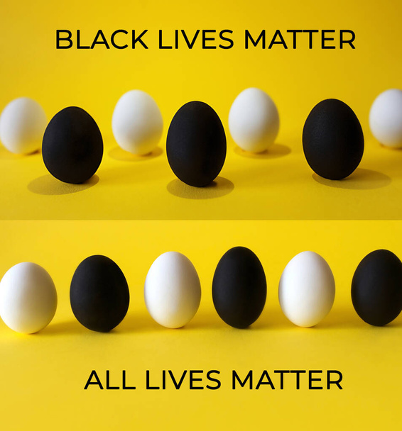 Œufs noirs et blancs sur fond jaune. Les vies noires comptent, toutes les vies comptent, la diversité, l'égalité des droits
 - Photo, image