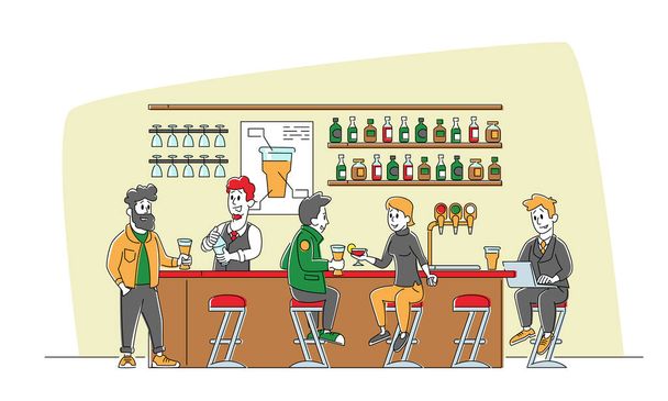 Baarin vapaa-ajan käsite. Ihmiset vierailevat pubissa, pariskunta istuu syöttötuoleissa Alkoholin juominen tiskillä, Liikemies Character Work Laptop, Barman Making Cocktails. Lineaarinen vektorikuvaus - Vektori, kuva