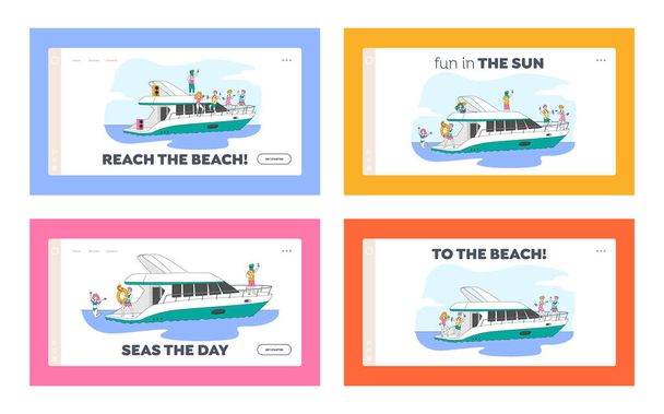 Ocean Landing Page Şablonu 'nda Arkadaş Şirketi Lüks Yatta Dinleniyor. Yaz tatili zamanı. Mutlu Karakterler Denizde Gemi Güvertesinde Dinleniyor, İçiyor, Dans Ediyor. Doğrusal İnsanlar Vektör İllüstrasyonu - Vektör, Görsel