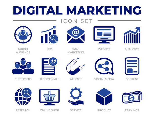 Blue Digital Marketing Icon Set. Cílová skupina, SEO, Email Marketing, Webové stránky, Analytics, Zákazníci, Reference, Přilákat, Sociální média, Obsah, Ikony. - Vektor, obrázek