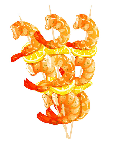 Gamberetti su spiedini, limone disegnato su fondo bianco. Set di icone di gamberetti. Illustrazione vettoriale realistica
 - Vettoriali, immagini