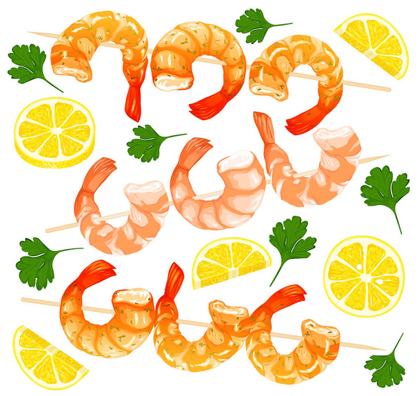 Gamberi su spiedini, prezzemolo, limone disegnati su fondo bianco. Set di icone di gamberetti. Illustrazione vettoriale realistica
 - Vettoriali, immagini