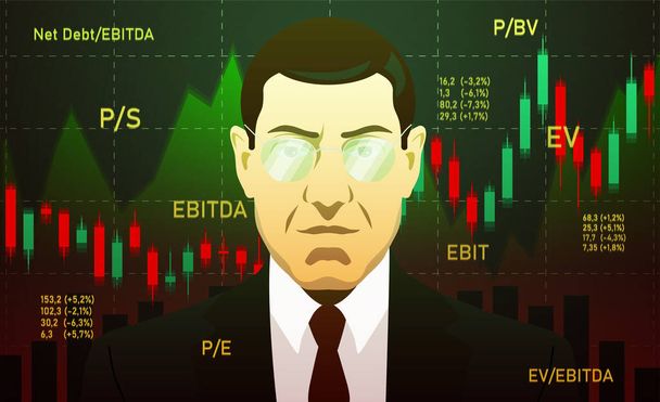 Obchodník, investor, analytik nebo makléř Obchodní akcie, tmavé pozadí - Vektor, obrázek