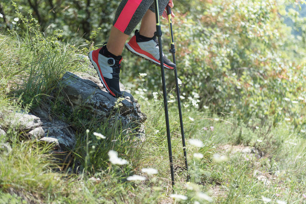 Woman hiking in the mountains, adventure and exercise. Nordic walking legs and poles in summer nature. Active people outdoor - Photo, Image