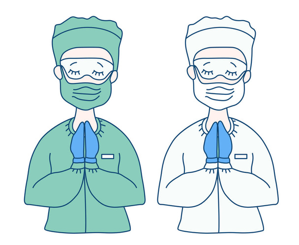 Concept pandémique. Chirurgien et médecin en vêtements blancs et verts médicaux et équipement de protection contre le virus, masques et gants de la COVID-19. Le docteur croisa les bras, ferma les yeux et pria.  - Vecteur, image