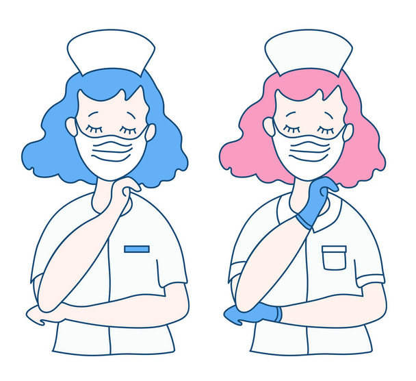 Twee mooie verpleegsters in medische witte uniformen, met een masker en ogen dicht. Eén vrouwelijke zorgverlener heeft blauwe handschoenen ter bescherming tegen het virus. Vectortekening - Vector, afbeelding